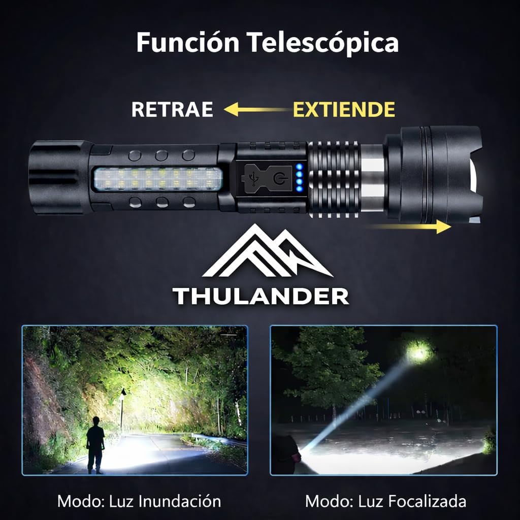 Pack of 2 High Power USB Rechargeable LED Flashlights - Tactical Flashlight with 7 Modes, COB Side Light, Adjustable Focus, IPX6 Waterproof + Paracord Bracelet - for Emergencies, Camping, Car, Hunting
