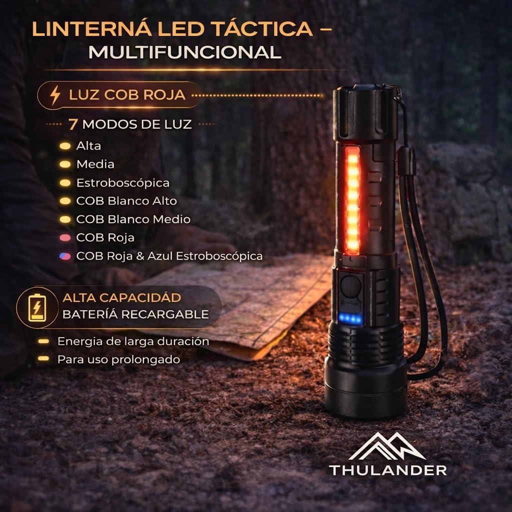 Pack of 2 High Power USB Rechargeable LED Flashlights - Tactical Flashlight with 7 Modes, COB Side Light, Adjustable Focus, IPX6 Waterproof + Paracord Bracelet - for Emergencies, Camping, Car, Hunting
