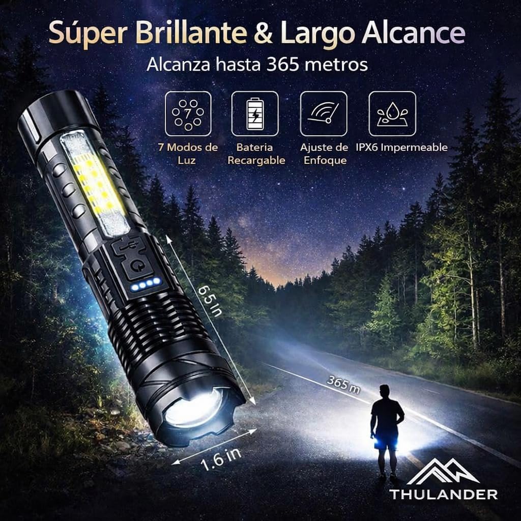 Pack of 2 High Power USB Rechargeable LED Flashlights - Tactical Flashlight with 7 Modes, COB Side Light, Adjustable Focus, IPX6 Waterproof + Paracord Bracelet - for Emergencies, Camping, Car, Hunting