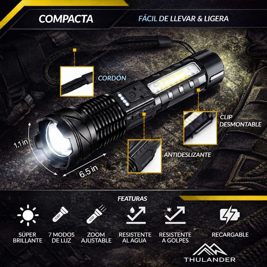 Pack of 2 High Power USB Rechargeable LED Flashlights - Tactical Flashlight with 7 Modes, COB Side Light, Adjustable Focus, IPX6 Waterproof + Paracord Bracelet - for Emergencies, Camping, Car, Hunting