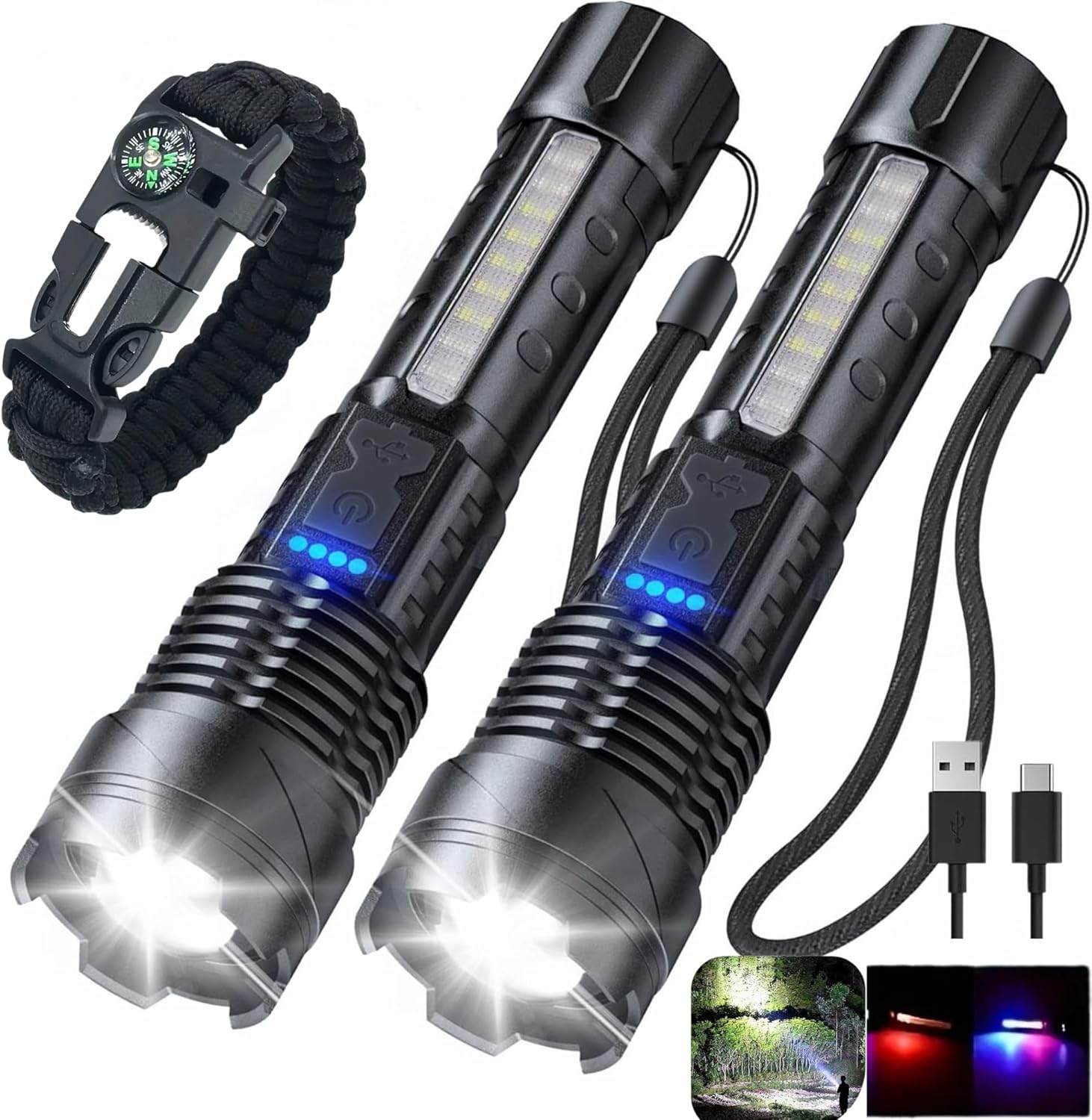 Pack of 2 High Power USB Rechargeable LED Flashlights - Tactical Flashlight with 7 Modes, COB Side Light, Adjustable Focus, IPX6 Waterproof + Paracord Bracelet - for Emergencies, Camping, Car, Hunting