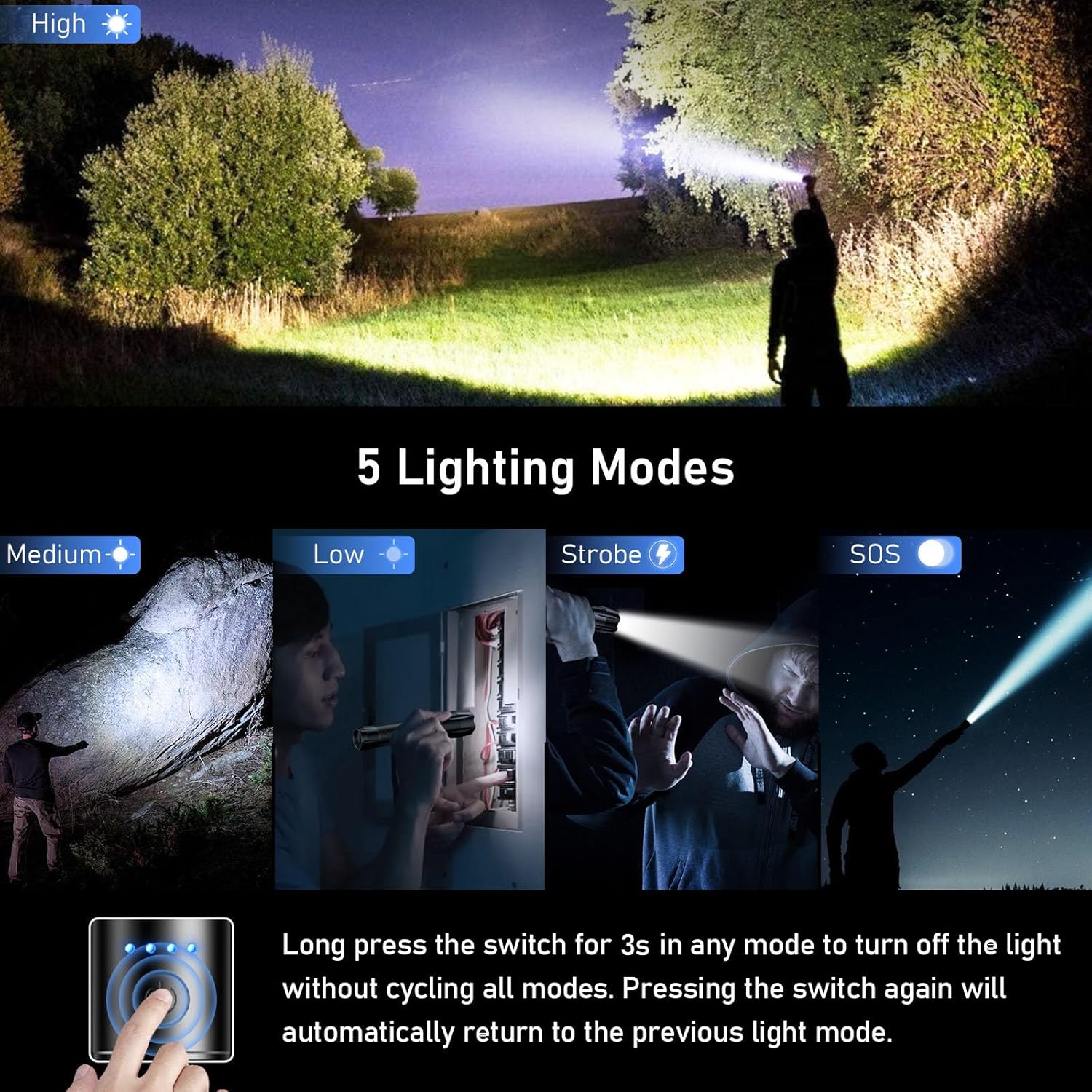 Blukar Rechargeable LED Flashlight, Super Bright Aluminum Flashlights with 5 Light Modes, 2000L Waterproof Handheld Flashlight Adjustable Focus for Camping, Hiking, Emergency, DIY