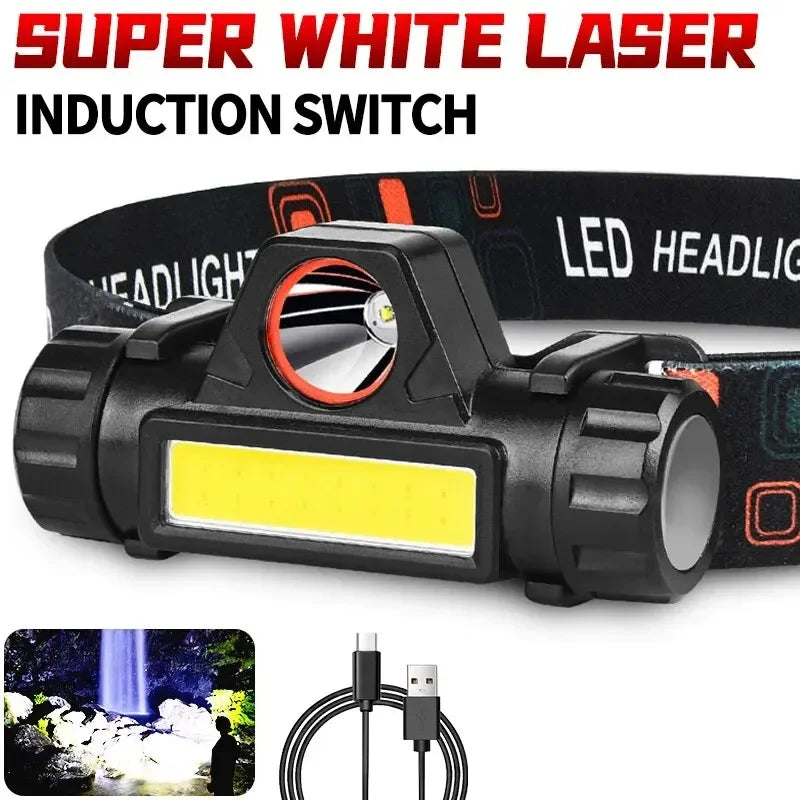 Lanterna de cabeça para atividades ao ar livre com longa duração de bateria e luz LED potente, ideal para pesca noturna, recarregável e com fixação magnética