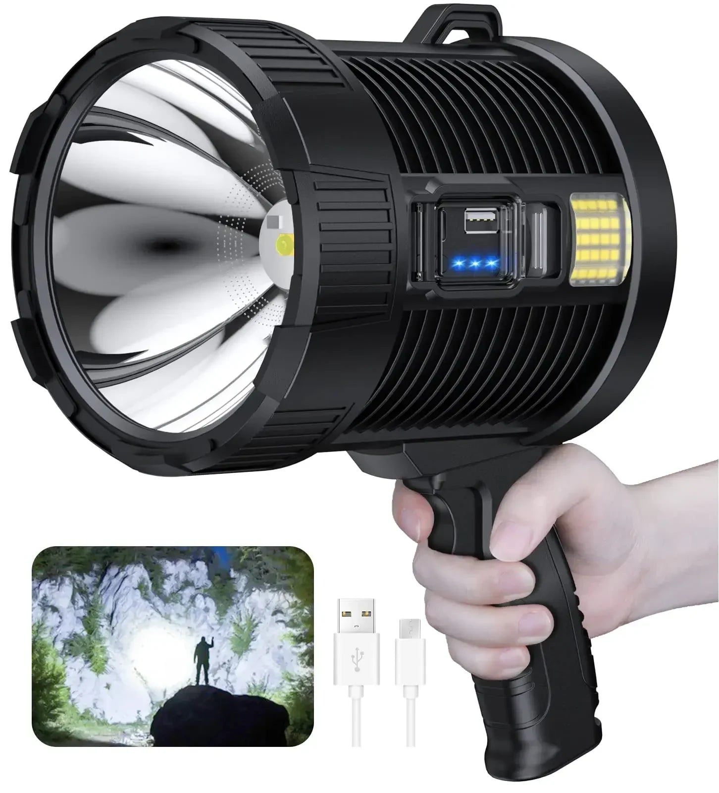 Holofote lanterna LED recarregável de alta potência 1000 lúmens, portátil, com carregamento solar e função de busca
