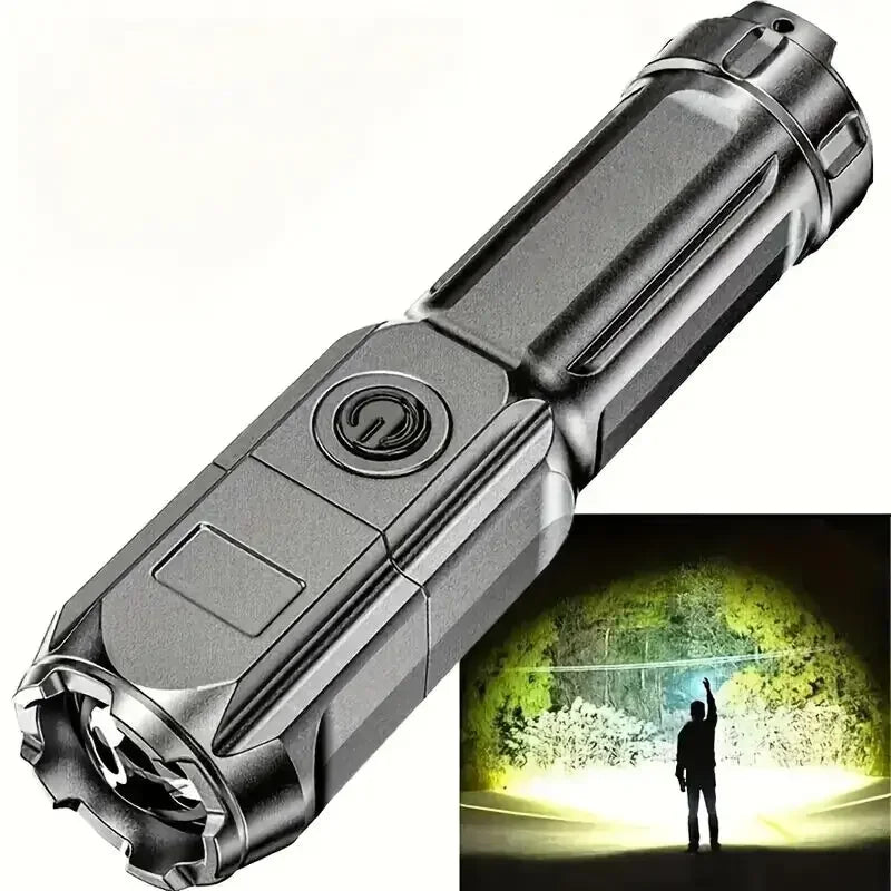 Lanterna LED potente, recarregável por USB, à prova de água e com zoom, ideal para pesca, caça e camping, com até 10000 lúmens.