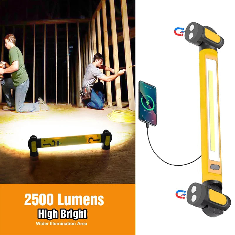 Luz de Trabalho LED Recarregável 5200mAh para Campismo, 2 Modos de Brilho, Luz de Trabalho para Oficina, Mecânico, Emergências e Utilização no Exterior