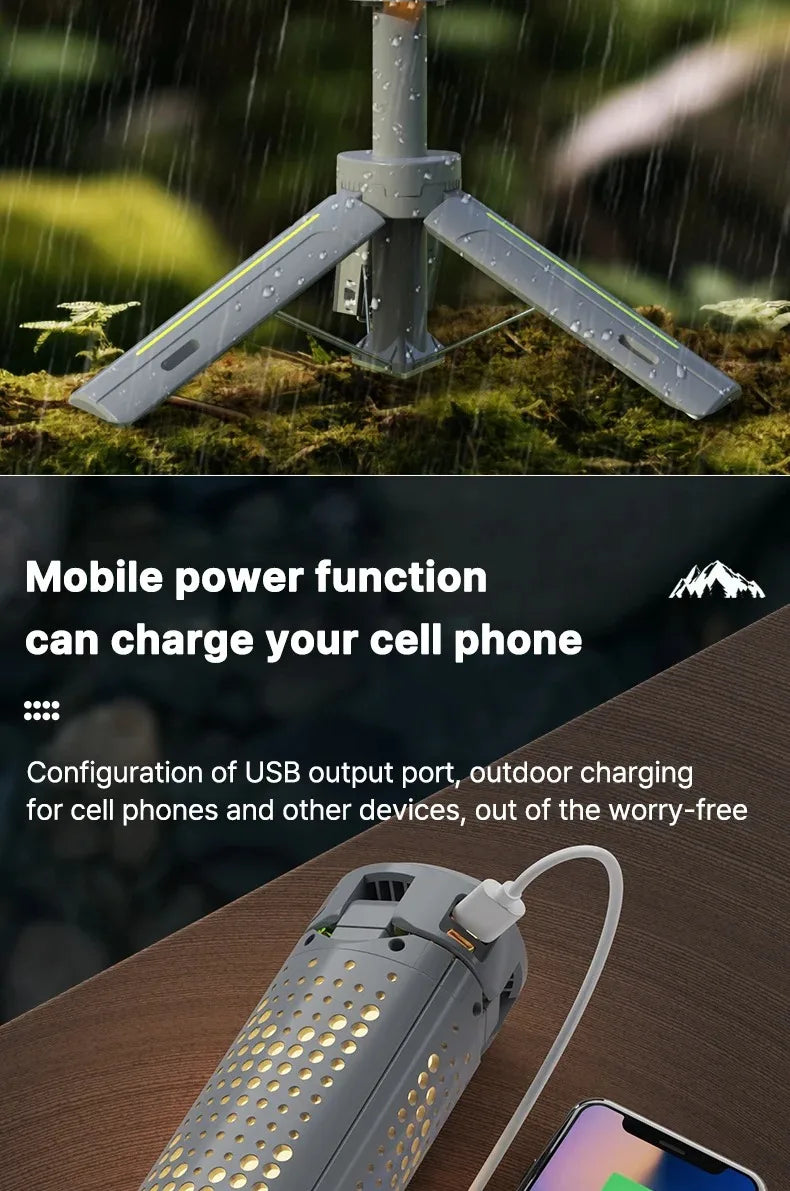 Lanterna de Campismo Dobrável Portátil com Suporte Telescópico, Recarregável por USB, Bateria de 8000mAh, Luz Exterior Impermeável com Função Power Bank e Tripé