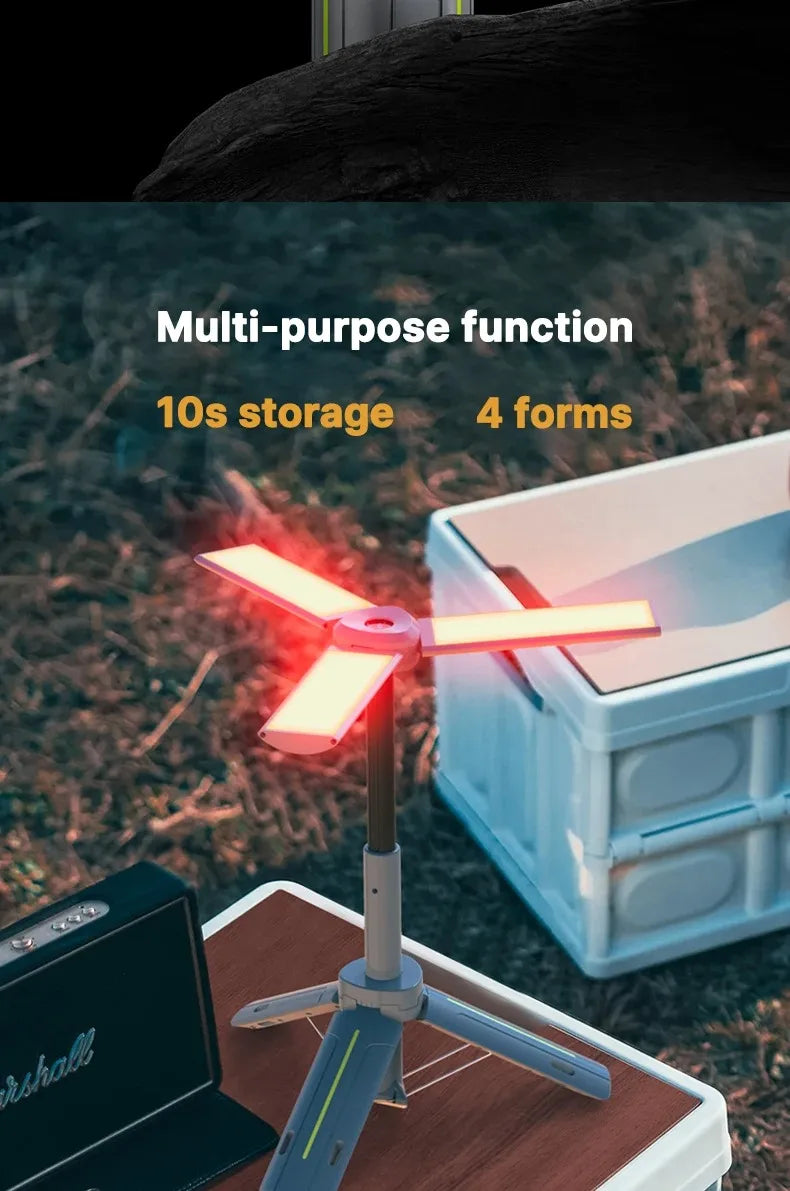 Lanterna de Campismo Dobrável Portátil com Suporte Telescópico, Recarregável por USB, Bateria de 8000mAh, Luz Exterior Impermeável com Função Power Bank e Tripé
