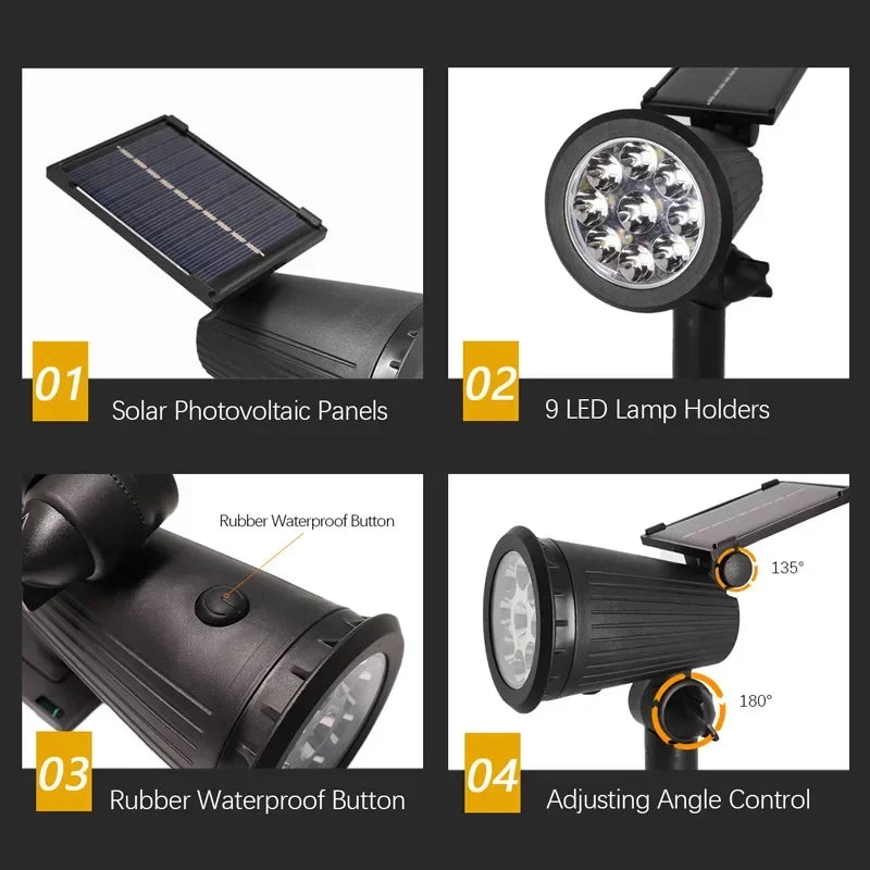 Projetores Solares com 9 LEDs para Exterior – IP65, Brilho Ajustável, Ideais para Jardim