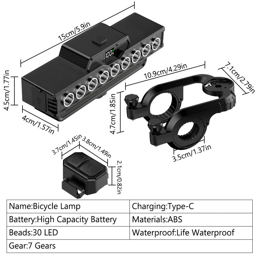 Conjunto de Luzes para Bicicleta 9 LEDs – Recarregável (1600LM Frente + 200LM Traseira) máxima segurança e visibilidade