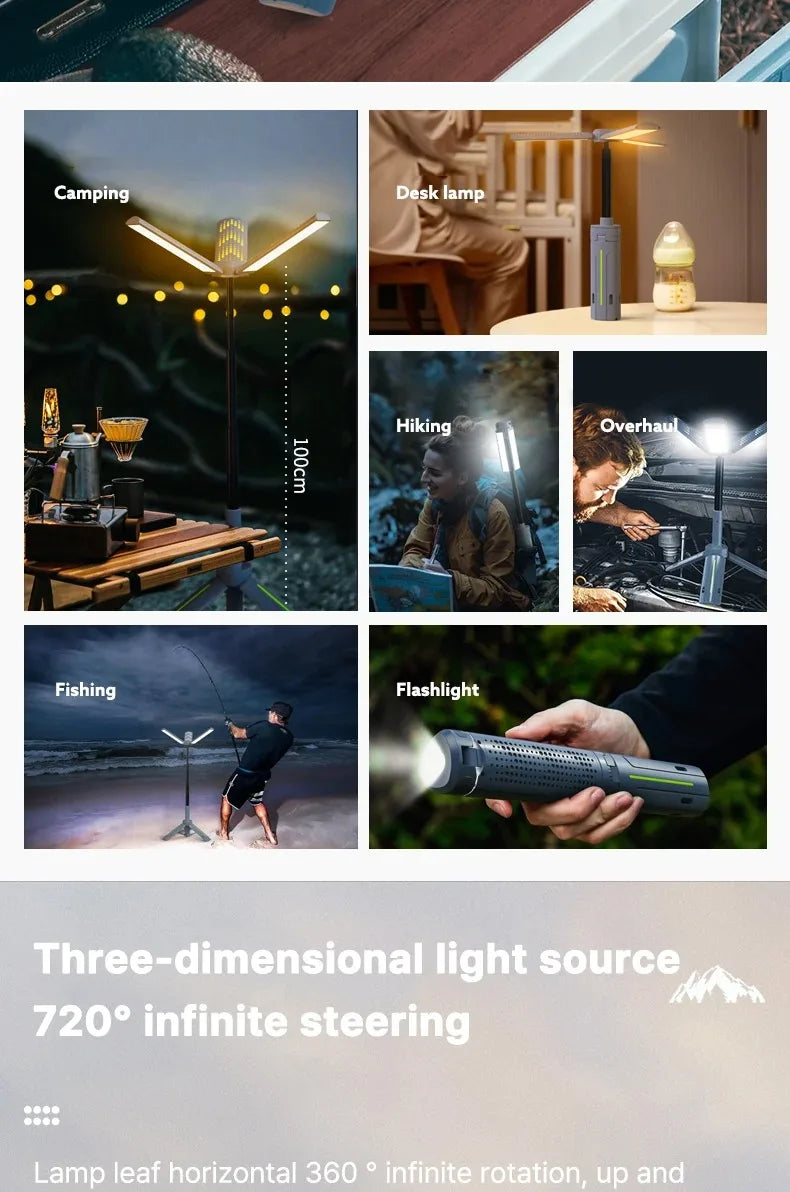 Lanterna de Campismo Dobrável Portátil com Suporte Telescópico, Recarregável por USB, Bateria de 8000mAh, Luz Exterior Impermeável com Função Power Bank e Tripé