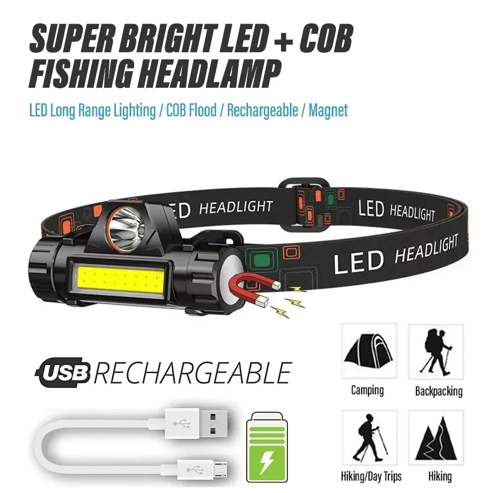 Lanterna frontal LED recarregável para pesca e campismo, com luz XPE + COB, 2 modos de iluminação, com íman traseiro