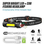 Lanterna frontal LED recarregável para pesca e campismo, com luz XPE + COB, 2 modos de iluminação, com íman traseiro