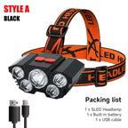 Lanterna de cabeça LED recarregável com 5 LEDs, equipada com bateria de lítio integrada. Luz frontal potente, ideal para camping, aventura, pesca e ciclismo