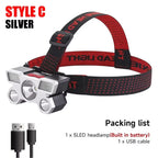 Lanterna de cabeça LED recarregável com 5 LEDs, equipada com bateria de lítio integrada. Luz frontal potente, ideal para camping, aventura, pesca e ciclismo