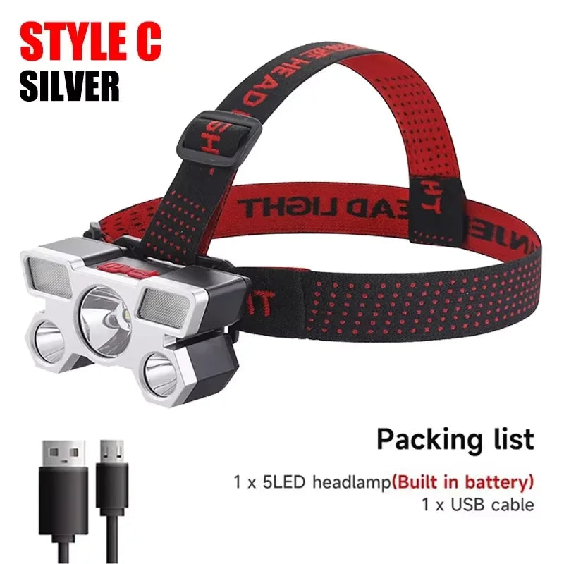 Lanterna de cabeça LED recarregável com 5 LEDs, equipada com bateria de lítio integrada. Luz frontal potente, ideal para camping, aventura, pesca e ciclismo