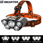 Lanterna de cabeça LED recarregável com 5 LEDs, equipada com bateria de lítio integrada. Luz frontal potente, ideal para camping, aventura, pesca e ciclismo