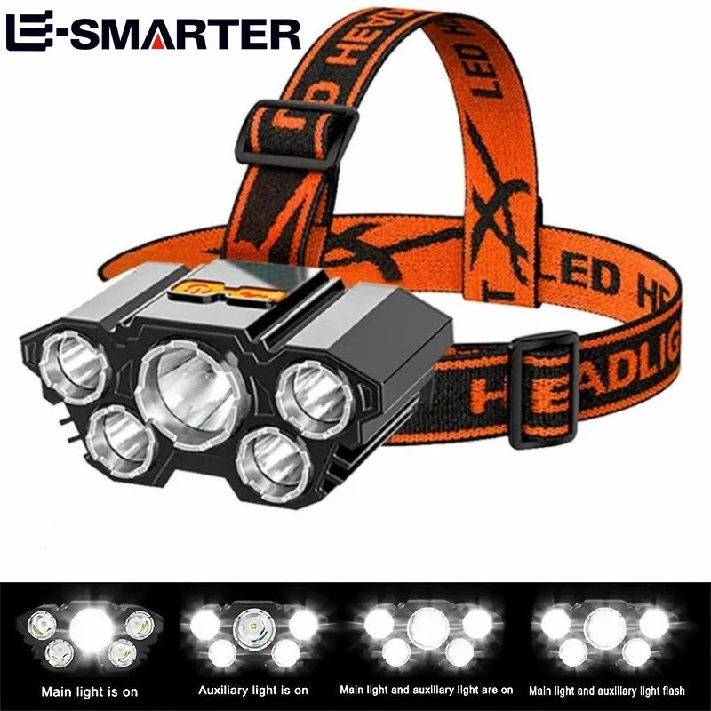 Lanterna de cabeça LED recarregável com 5 LEDs, equipada com bateria de lítio integrada. Luz frontal potente, ideal para camping, aventura, pesca e ciclismo