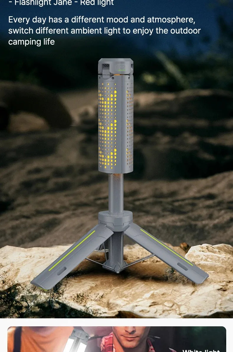 Lanterna de Campismo Dobrável Portátil com Suporte Telescópico, Recarregável por USB, Bateria de 8000mAh, Luz Exterior Impermeável com Função Power Bank e Tripé