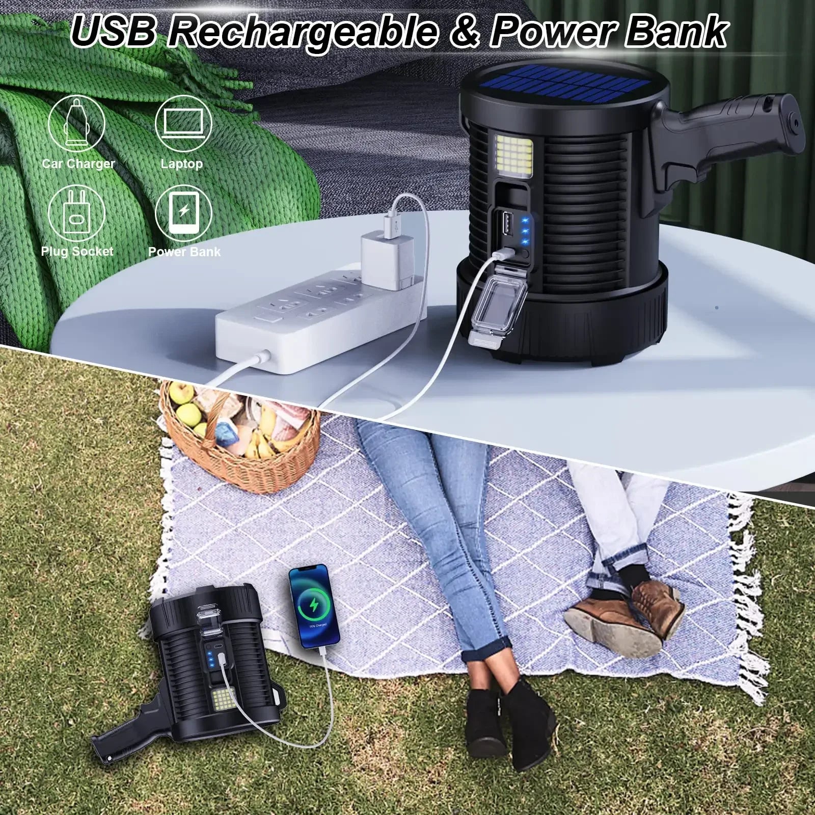 Holofote lanterna LED recarregável de alta potência 1000 lúmens, portátil, com carregamento solar e função de busca
