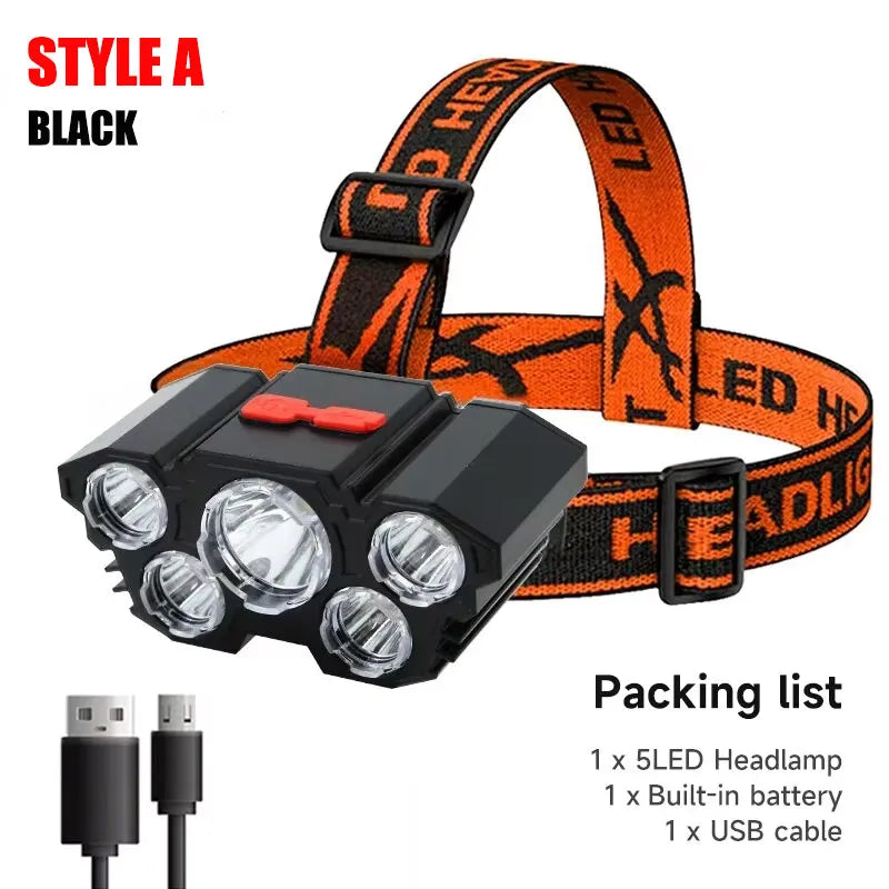 Lanterna de cabeça LED recarregável com 5 LEDs, equipada com bateria de lítio integrada. Luz frontal potente, ideal para camping, aventura, pesca e ciclismo