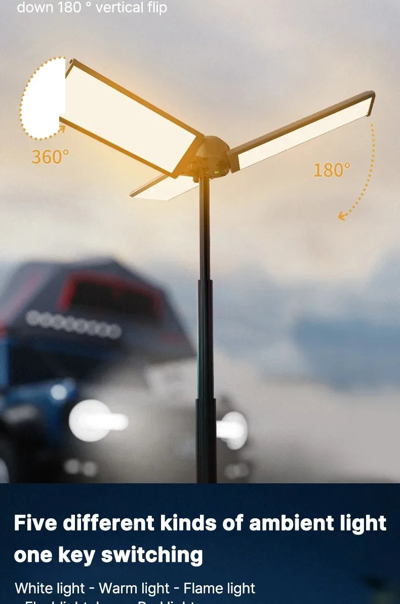 Lanterna de Campismo Dobrável Portátil com Suporte Telescópico, Recarregável por USB, Bateria de 8000mAh, Luz Exterior Impermeável com Função Power Bank e Tripé