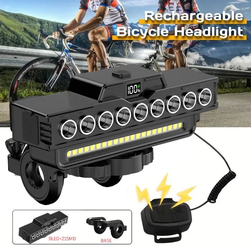 Conjunto de Luzes para Bicicleta 9 LEDs – Recarregável (1600LM Frente + 200LM Traseira) máxima segurança e visibilidade