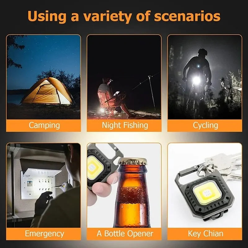 Mini lanterna LED com íman, luz COB, ideal para camping ao ar livre e uso no trabalho. Compacta para bolso, com 800 lúmens, recarregável por USB e 7 modos de iluminação