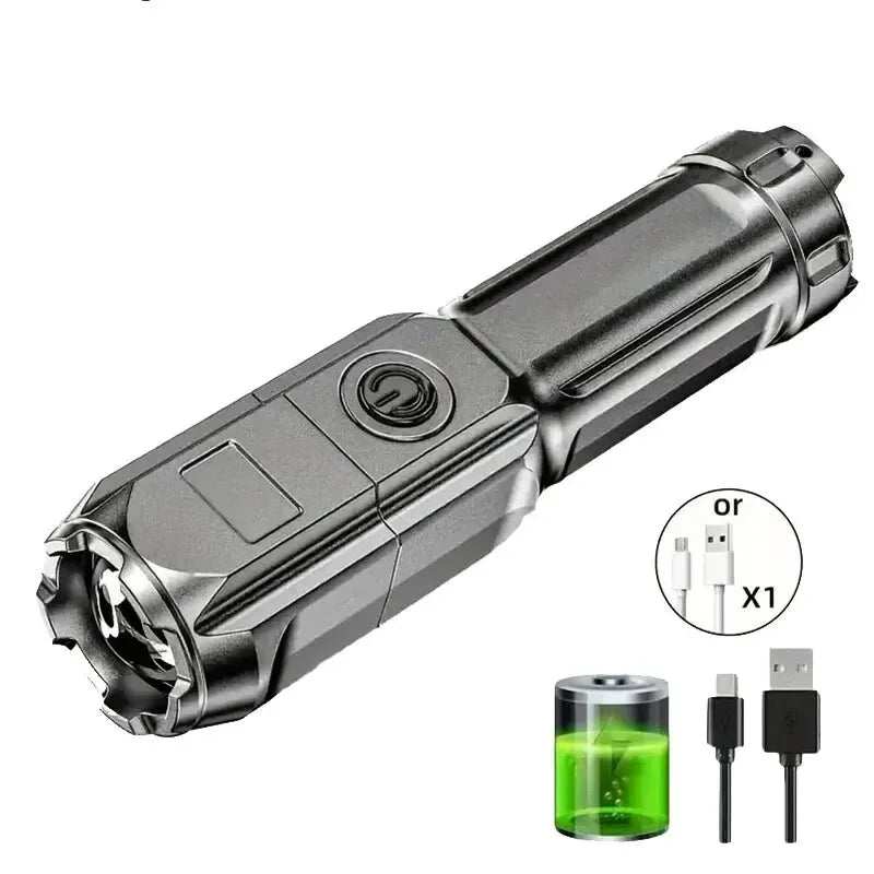 Lanterna LED potente, recarregável por USB, à prova de água e com zoom, ideal para pesca, caça e camping, com até 10000 lúmens.