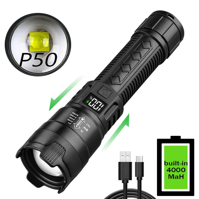 Lanterna P50 Potente – Zoom Telescópico com Display Digital de Bateria  Iluminação forte, portátil e pronta para qualquer situação