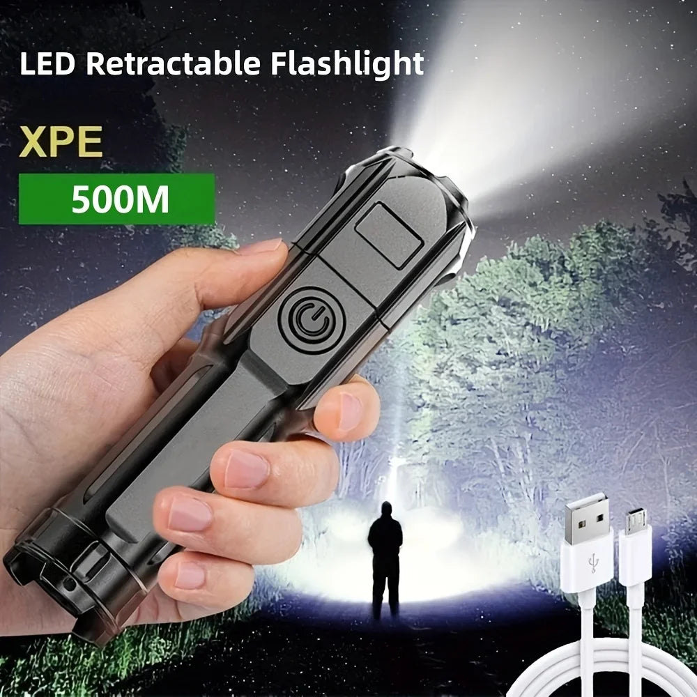 Lanterna LED potente, recarregável por USB, à prova de água e com zoom, ideal para pesca, caça e camping, com até 10000 lúmens.