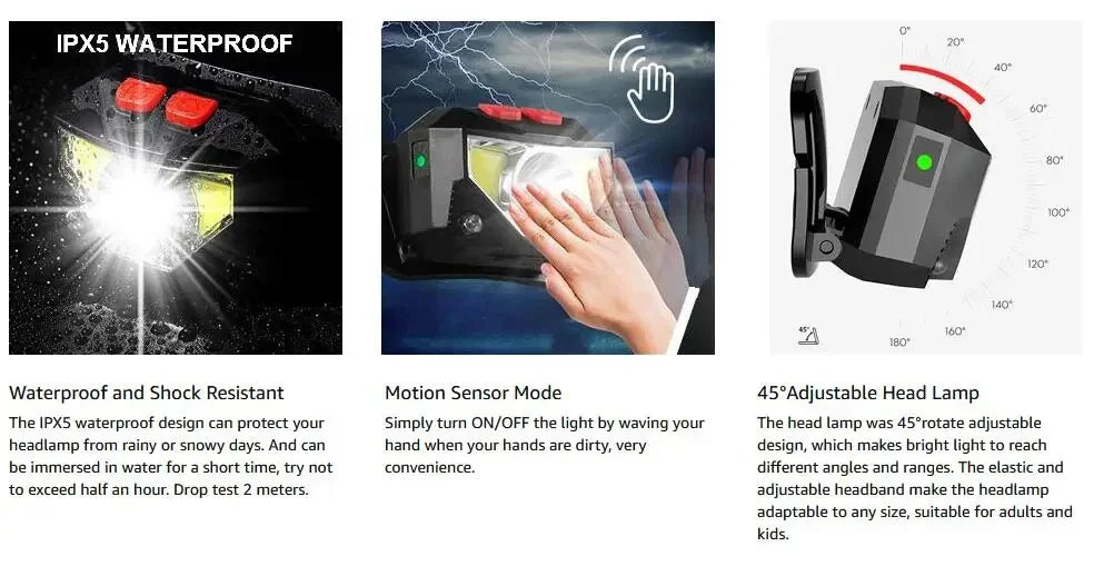 Lanterna frontal de cabeça LED com 8 modos, mãos livres, com sensor de movimento