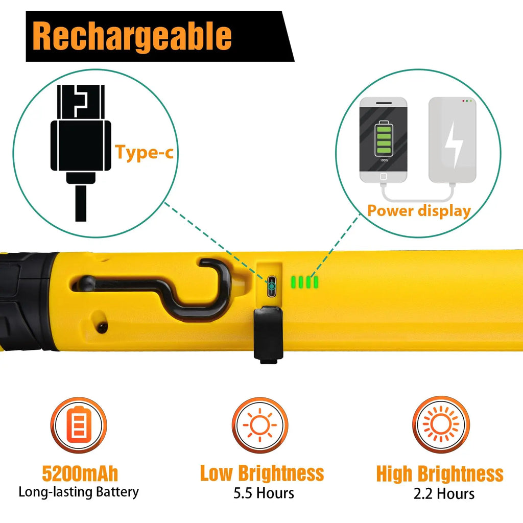 Luz de Trabalho LED Recarregável 5200mAh para Campismo, 2 Modos de Brilho, Luz de Trabalho para Oficina, Mecânico, Emergências e Utilização no Exterior