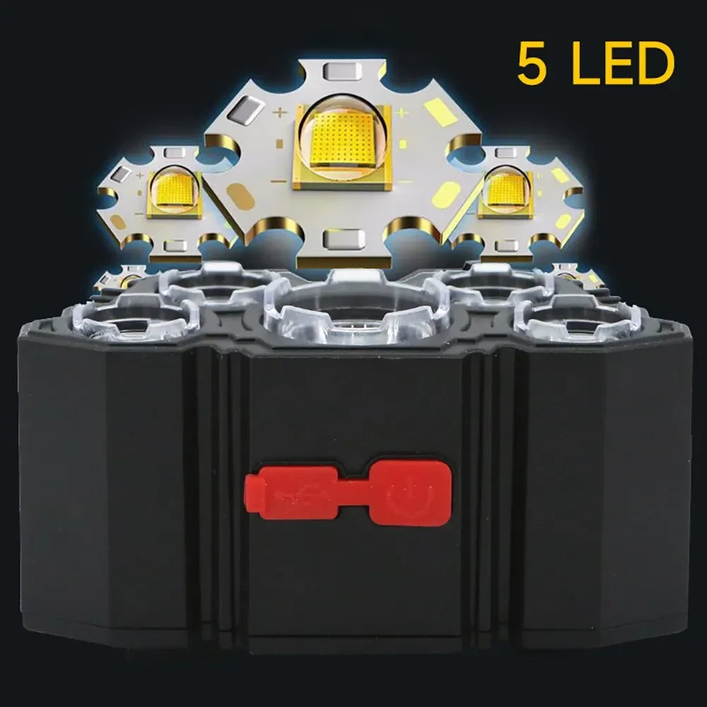 Lanterna de cabeça LED recarregável com 5 LEDs, equipada com bateria de lítio integrada. Luz frontal potente, ideal para camping, aventura, pesca e ciclismo