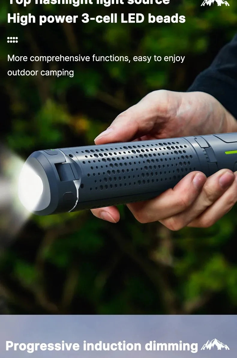 Lanterna de Campismo Dobrável Portátil com Suporte Telescópico, Recarregável por USB, Bateria de 8000mAh, Luz Exterior Impermeável com Função Power Bank e Tripé