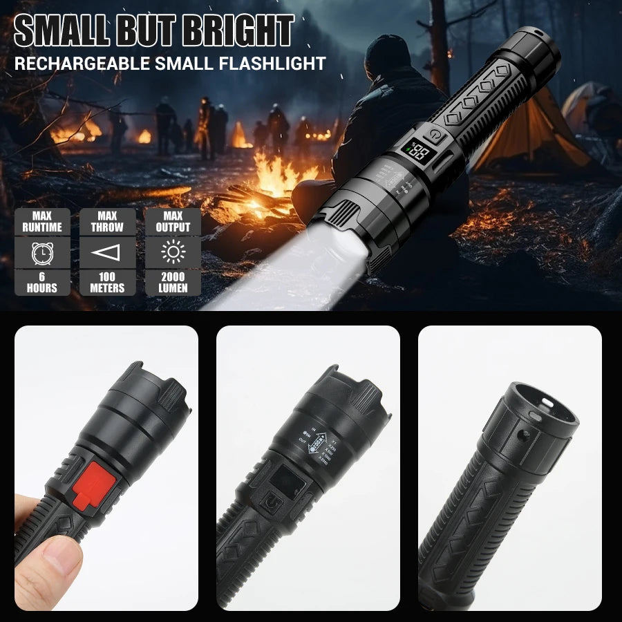 Lanterna P50 Potente – Zoom Telescópico com Display Digital de Bateria  Iluminação forte, portátil e pronta para qualquer situação