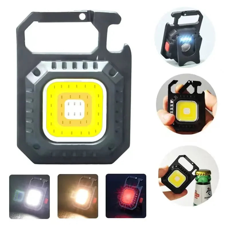 Mini lanterna LED com íman, luz COB, ideal para camping ao ar livre e uso no trabalho. Compacta para bolso, com 800 lúmens, recarregável por USB e 7 modos de iluminação