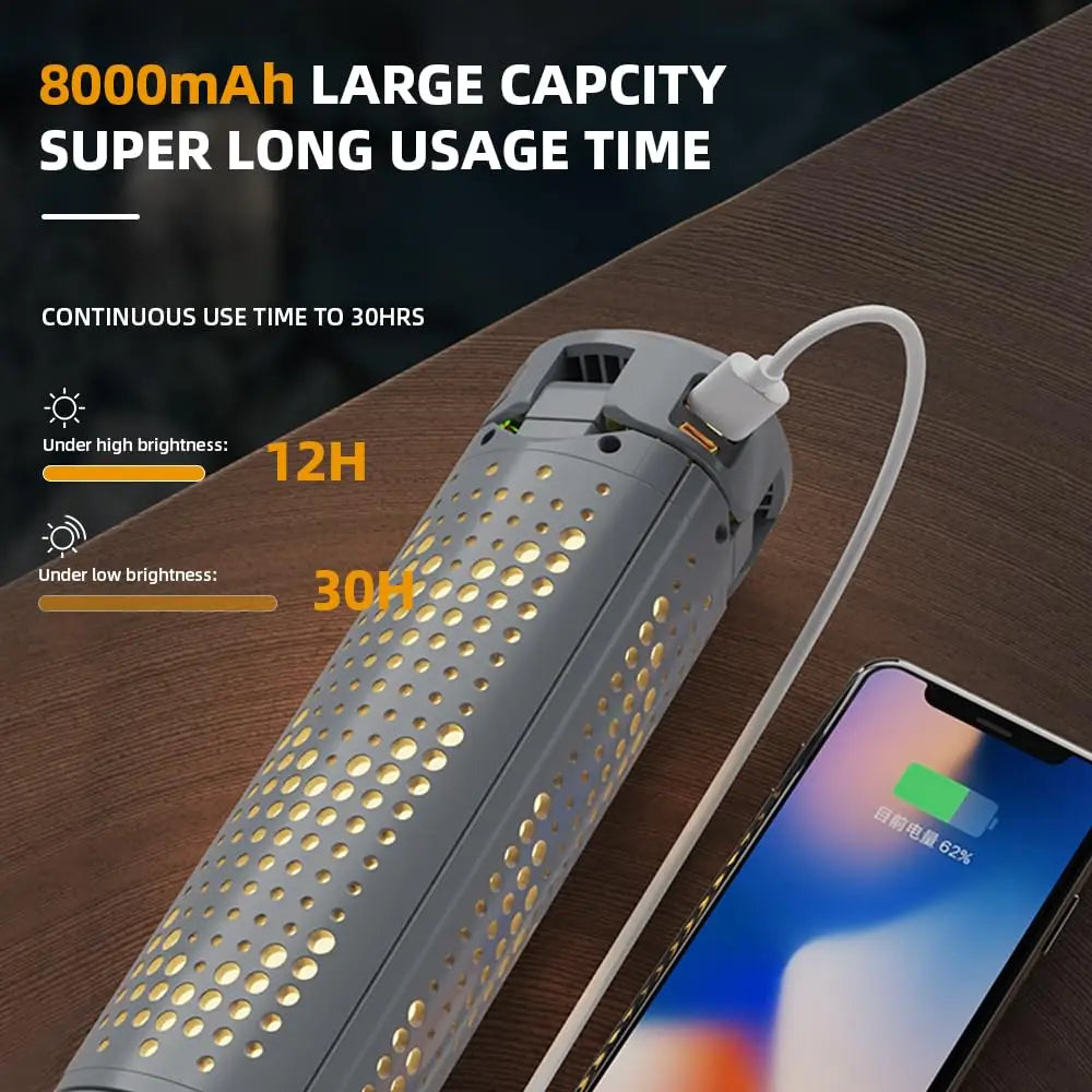 Lanterna de Campismo Dobrável Portátil com Suporte Telescópico, Recarregável por USB, Bateria de 8000mAh, Luz Exterior Impermeável com Função Power Bank e Tripé
