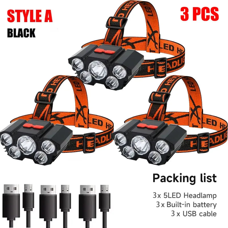 Lanterna de cabeça LED recarregável com 5 LEDs, equipada com bateria de lítio integrada. Luz frontal potente, ideal para camping, aventura, pesca e ciclismo