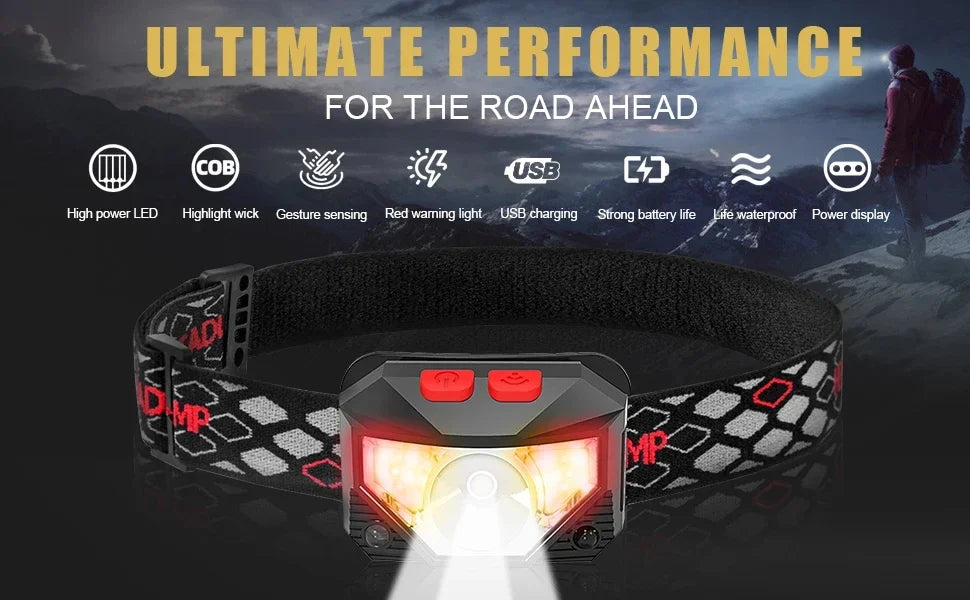 Lanterna frontal de cabeça LED com 8 modos, mãos livres, com sensor de movimento