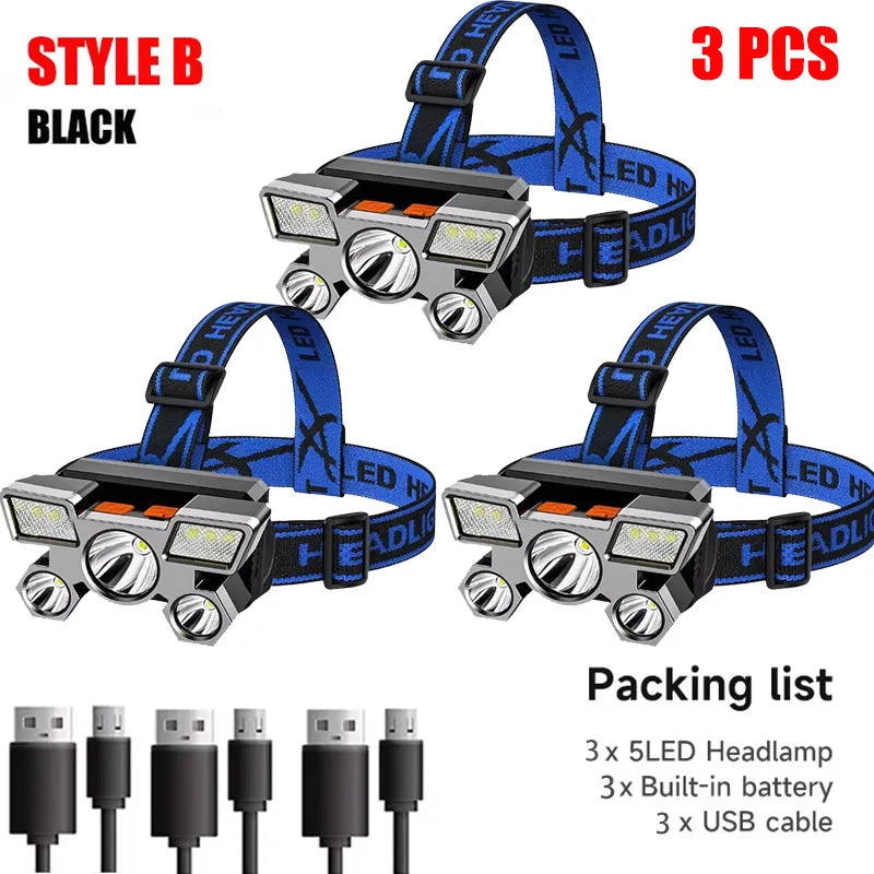 Lanterna de cabeça LED recarregável com 5 LEDs, equipada com bateria de lítio integrada. Luz frontal potente, ideal para camping, aventura, pesca e ciclismo
