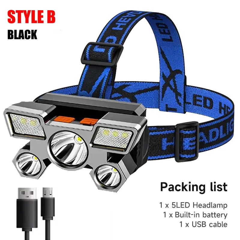 Lanterna de cabeça LED recarregável com 5 LEDs, equipada com bateria de lítio integrada. Luz frontal potente, ideal para camping, aventura, pesca e ciclismo