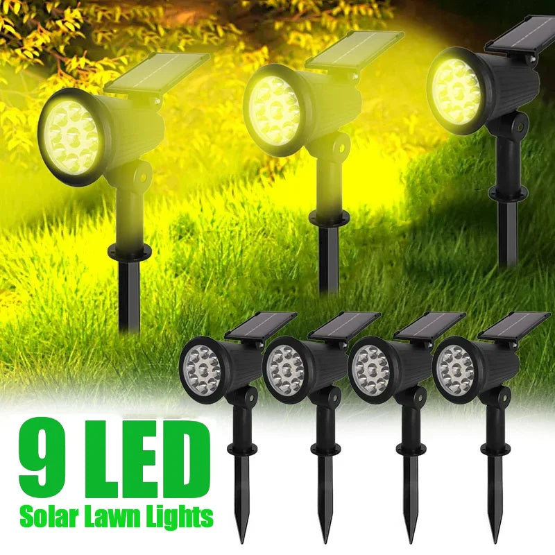 Projetores Solares com 9 LEDs para Exterior – IP65, Brilho Ajustável, Ideais para Jardim
