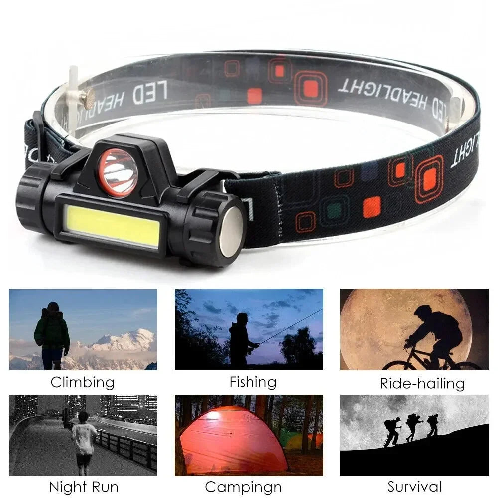 Lanterna frontal LED recarregável para pesca e campismo, com luz XPE + COB, 2 modos de iluminação, com íman traseiro