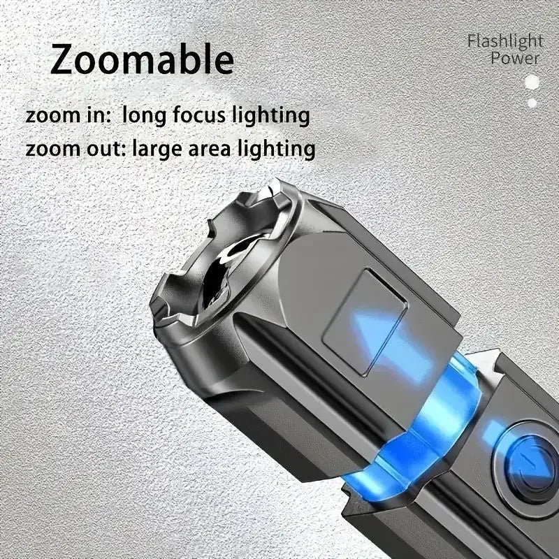 Lanterna LED potente, recarregável por USB, à prova de água e com zoom, ideal para pesca, caça e camping, com até 10000 lúmens.