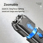 Lanterna LED potente, recarregável por USB, à prova de água e com zoom, ideal para pesca, caça e camping, com até 10000 lúmens.