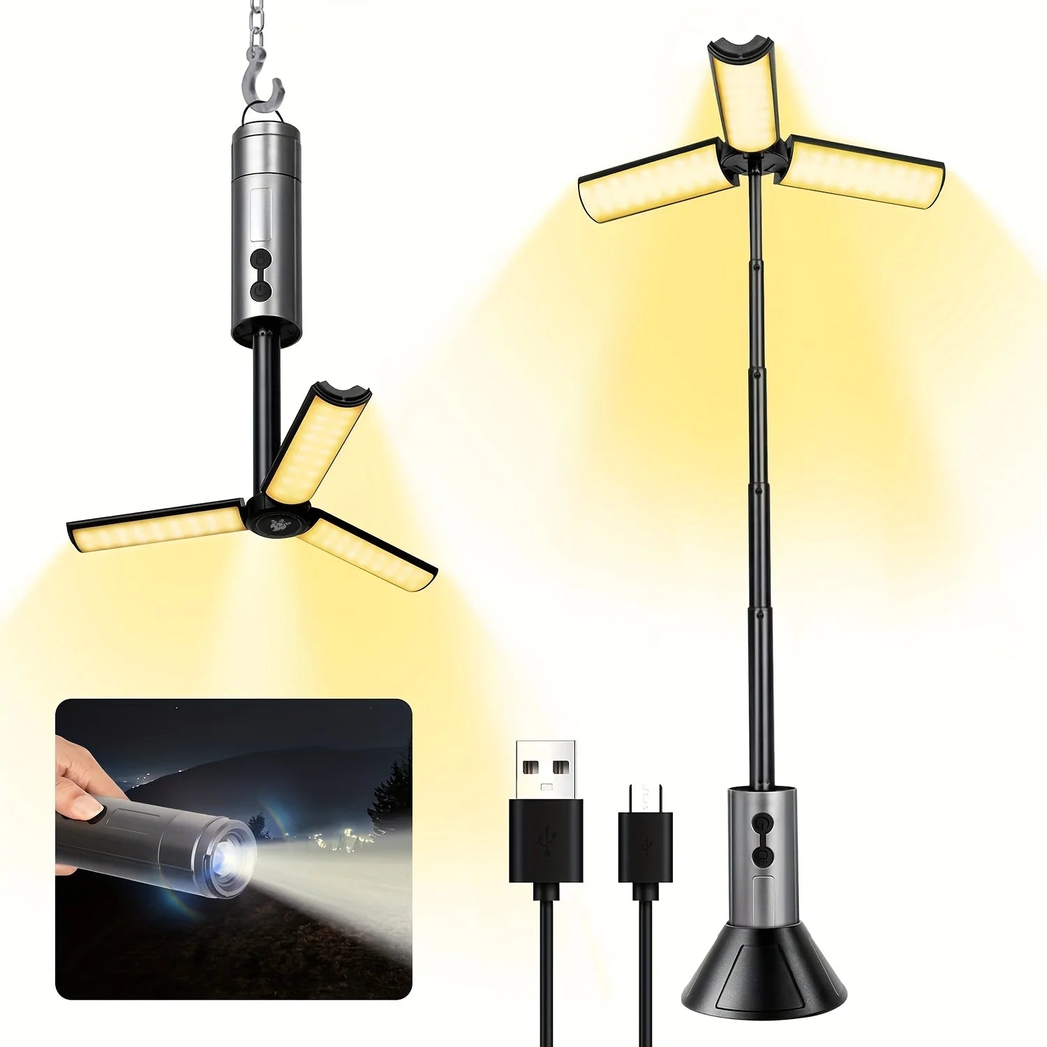 Lanterna de Campismo Dobrável Portátil com Suporte Telescópico, Recarregável por USB, Bateria de 8000mAh, Luz Exterior Impermeável com Função Power Bank e Tripé