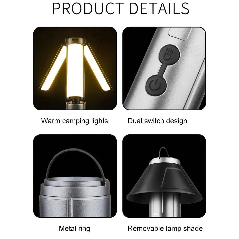 Lanterna de Campismo Dobrável Portátil com Suporte Telescópico, Recarregável por USB, Bateria de 8000mAh, Luz Exterior Impermeável com Função Power Bank e Tripé