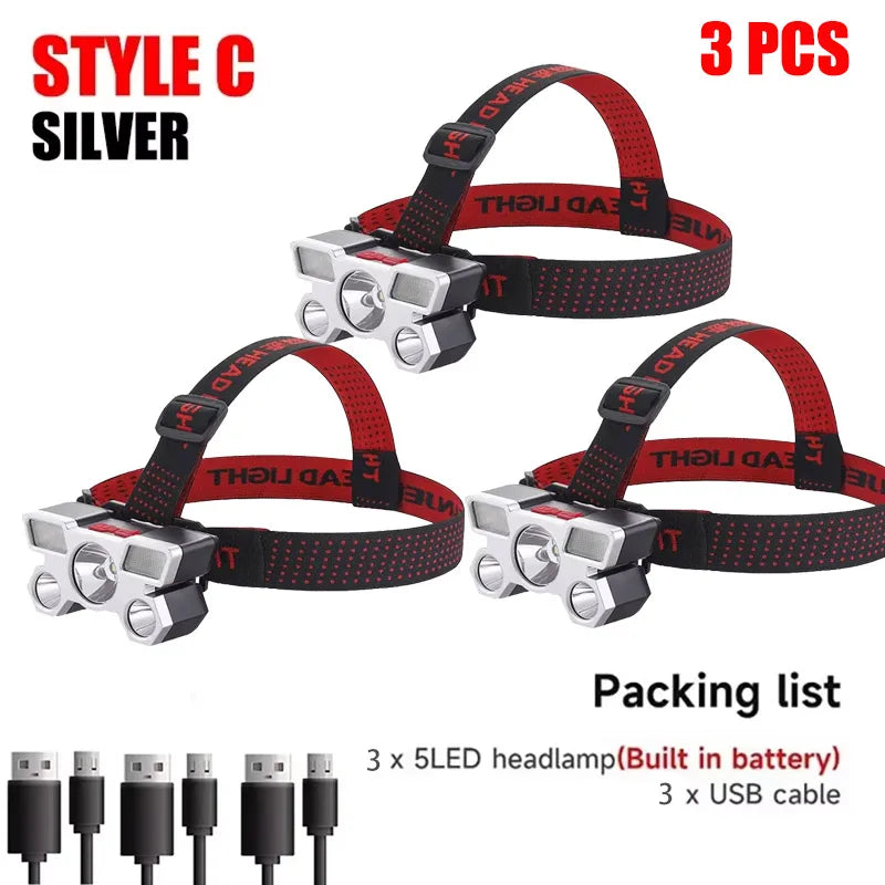 Lanterna de cabeça LED recarregável com 5 LEDs, equipada com bateria de lítio integrada. Luz frontal potente, ideal para camping, aventura, pesca e ciclismo