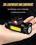 Lanterna frontal LED recarregável para pesca e campismo, com luz XPE + COB, 2 modos de iluminação, com íman traseiro